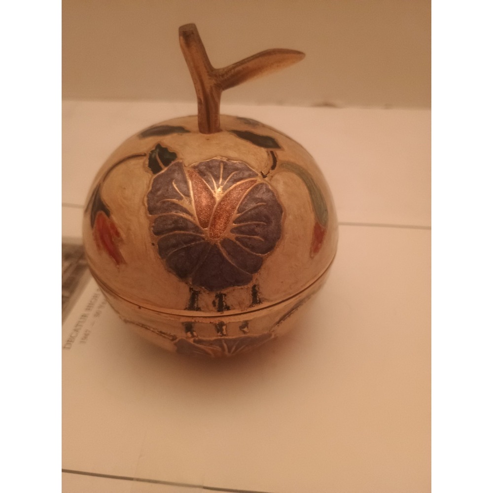 Vintage Cloisonne' Painted Enamel Apple Keepsake Trinket Box Brass 2 Pc. Set 3.5